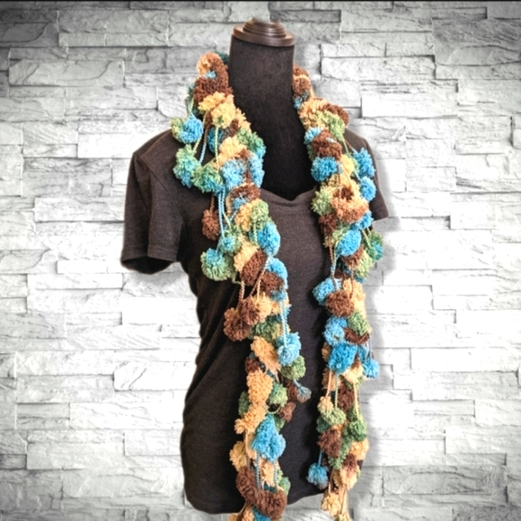 Handmade Fluffy Scarf by me!! Super Soft Puff Balls Green Aqua Blue Brown - Picture 2 of 12